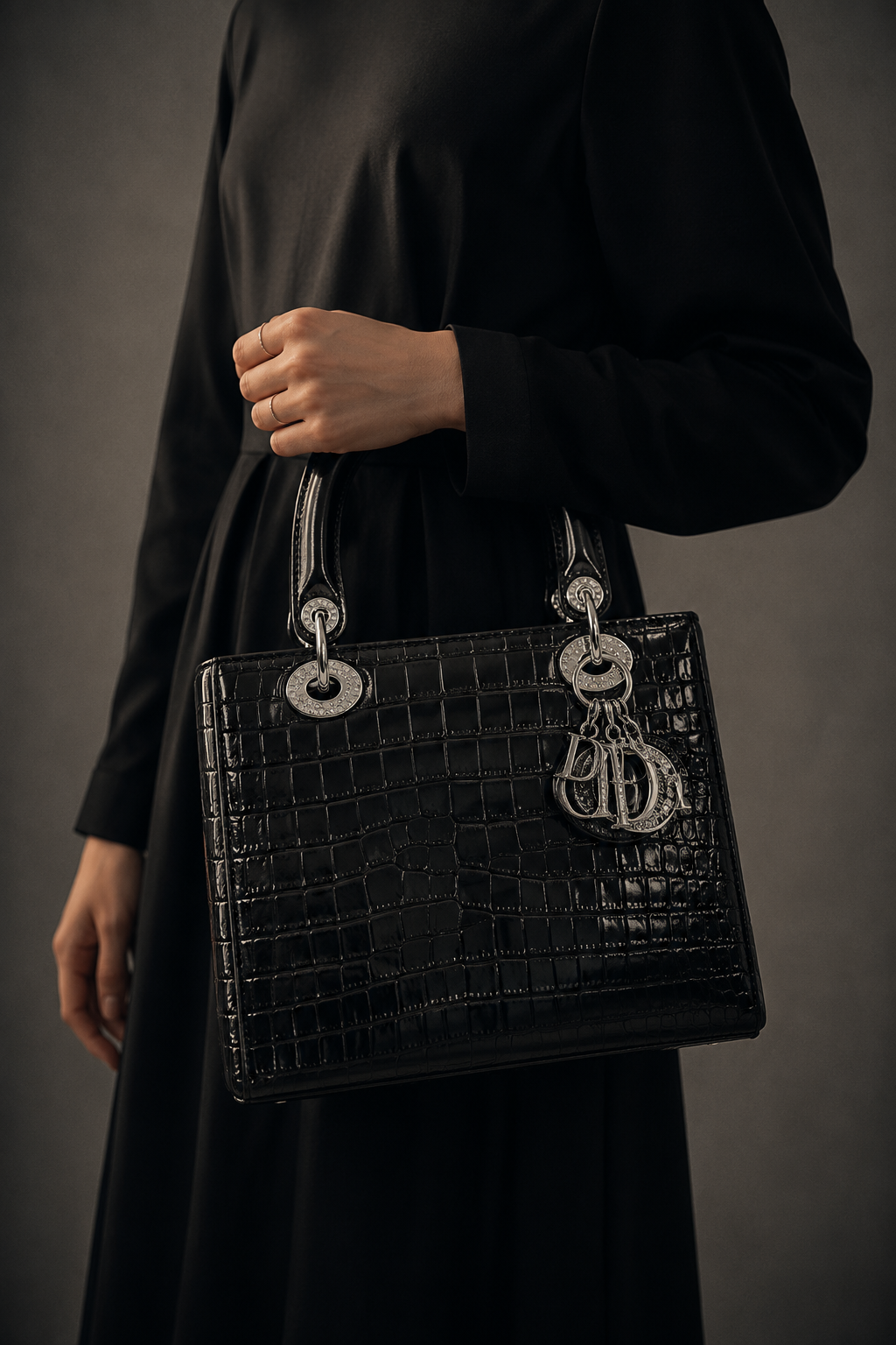 Dior Lady Dior Crocodile Embossed Leather Handbag