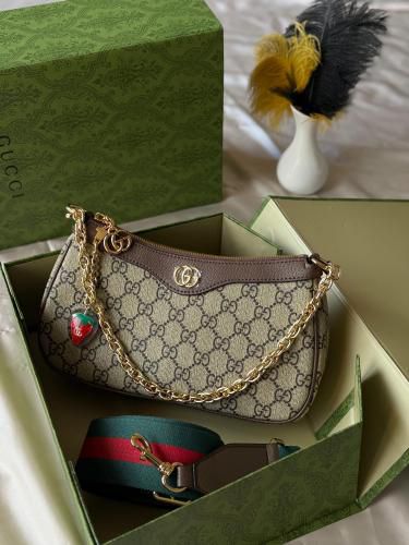 Gucci GG Supreme Crossbody Bag with Strawberry Charm and Web Strap
