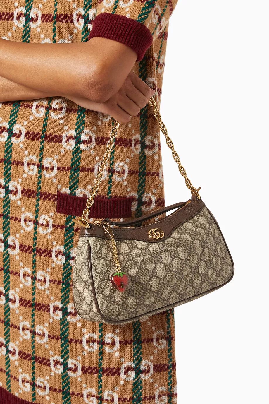 Gucci GG Supreme Crossbody Bag with Strawberry Charm and Web Strap