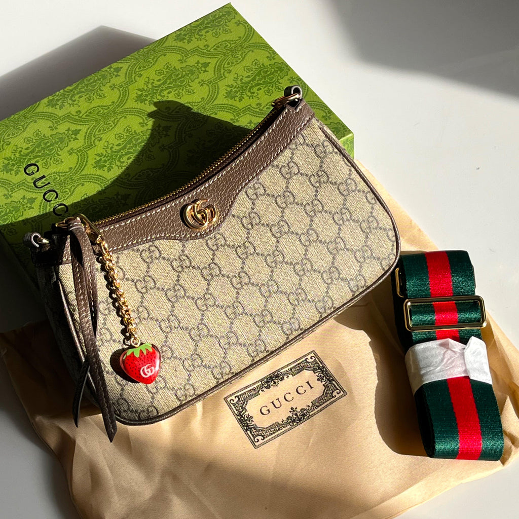 Gucci GG Supreme Crossbody Bag with Strawberry Charm and Web Strap