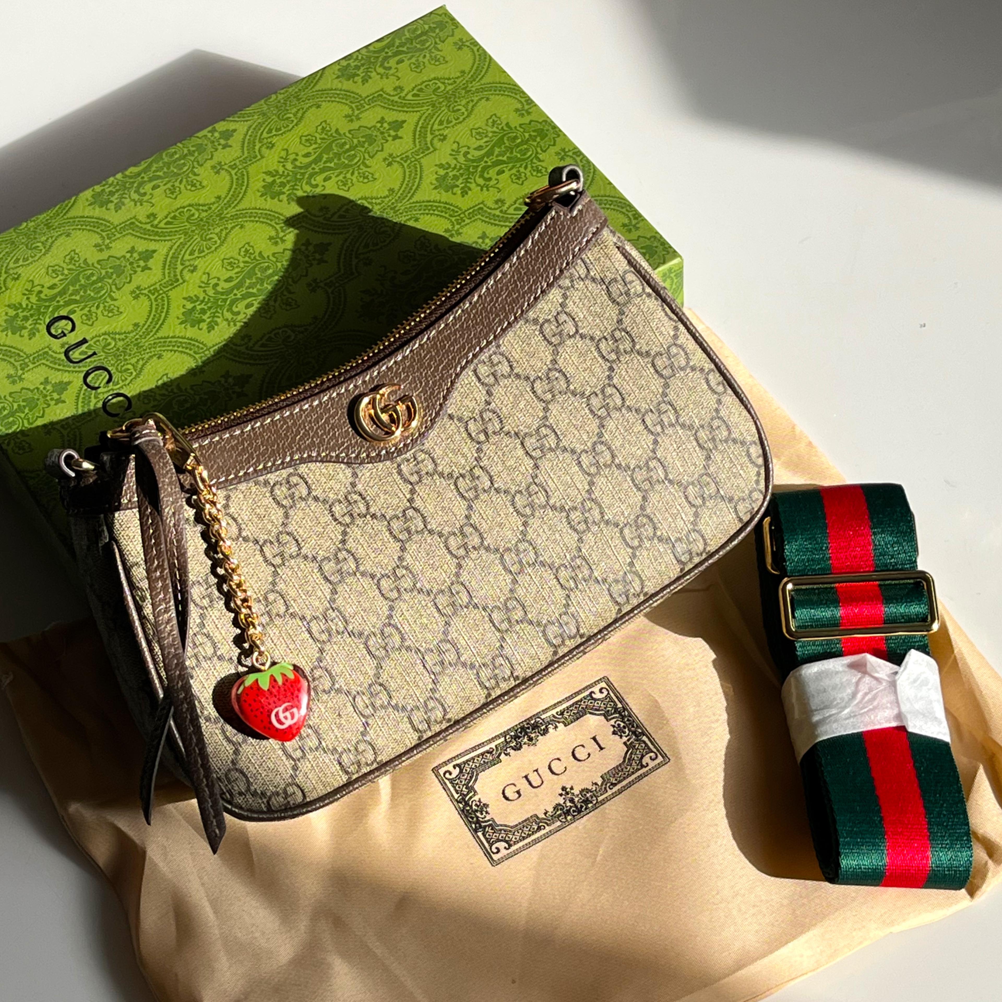 Gucci GG Supreme Crossbody Bag with Strawberry Charm and Web Strap